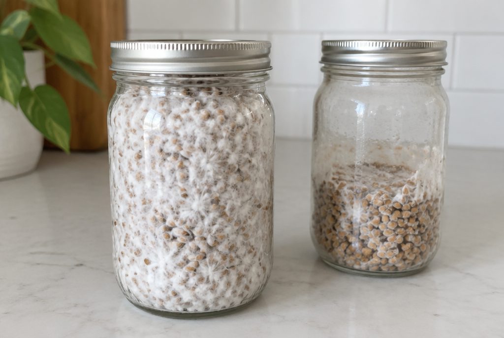 Glass jars of grain spawn colonized by white mycelium