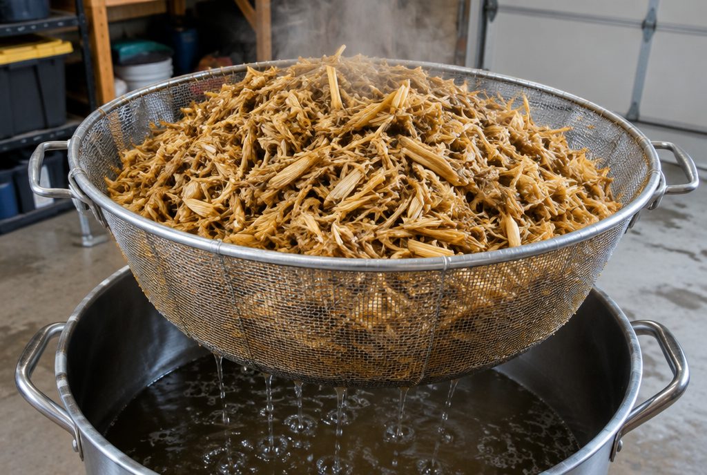 Chopped straw substrate draining after pasteurization